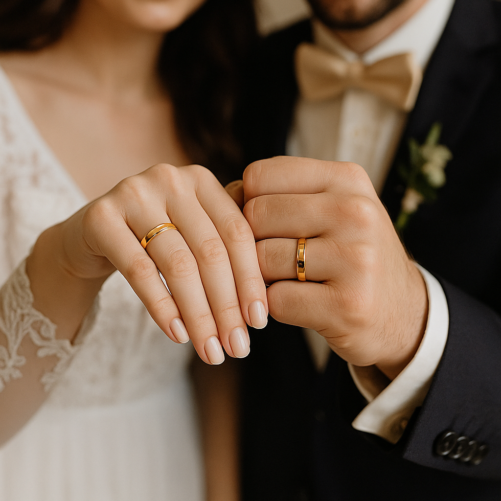 Para młoda pokazuje złote obrączki ślubne na tle ciepłego wnętrza, symbolizując miłość i wspólne życie