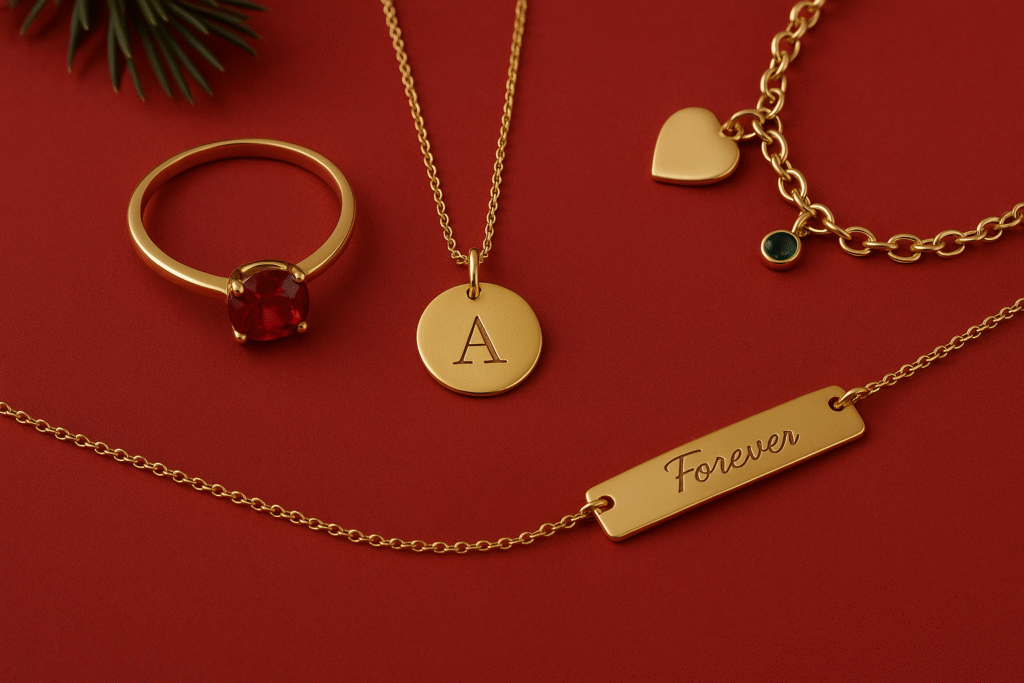 Zestaw złotej biżuterii z grawerem i rubinowym pierścionkiem na czerwonym tle