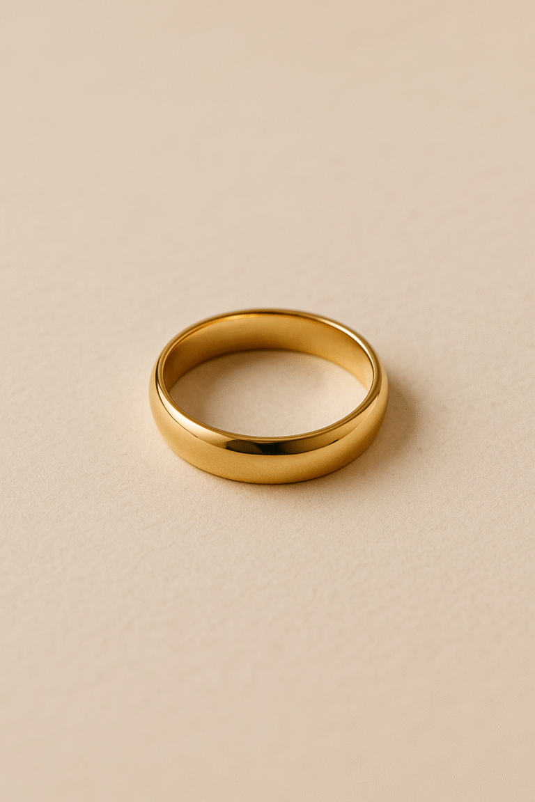 Klasyczna złota obrączka ślubna leżąca na beżowym tle, symbol miłości i małżeńskiego zobowiązania